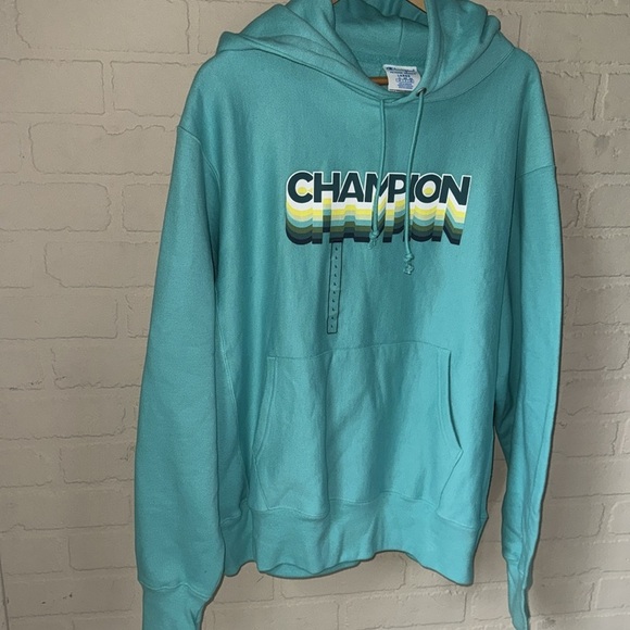 Champion Blue aqua Pullover Hoodie Sweatshirt NEW large unisex reverse weave - Picture 3 of 6